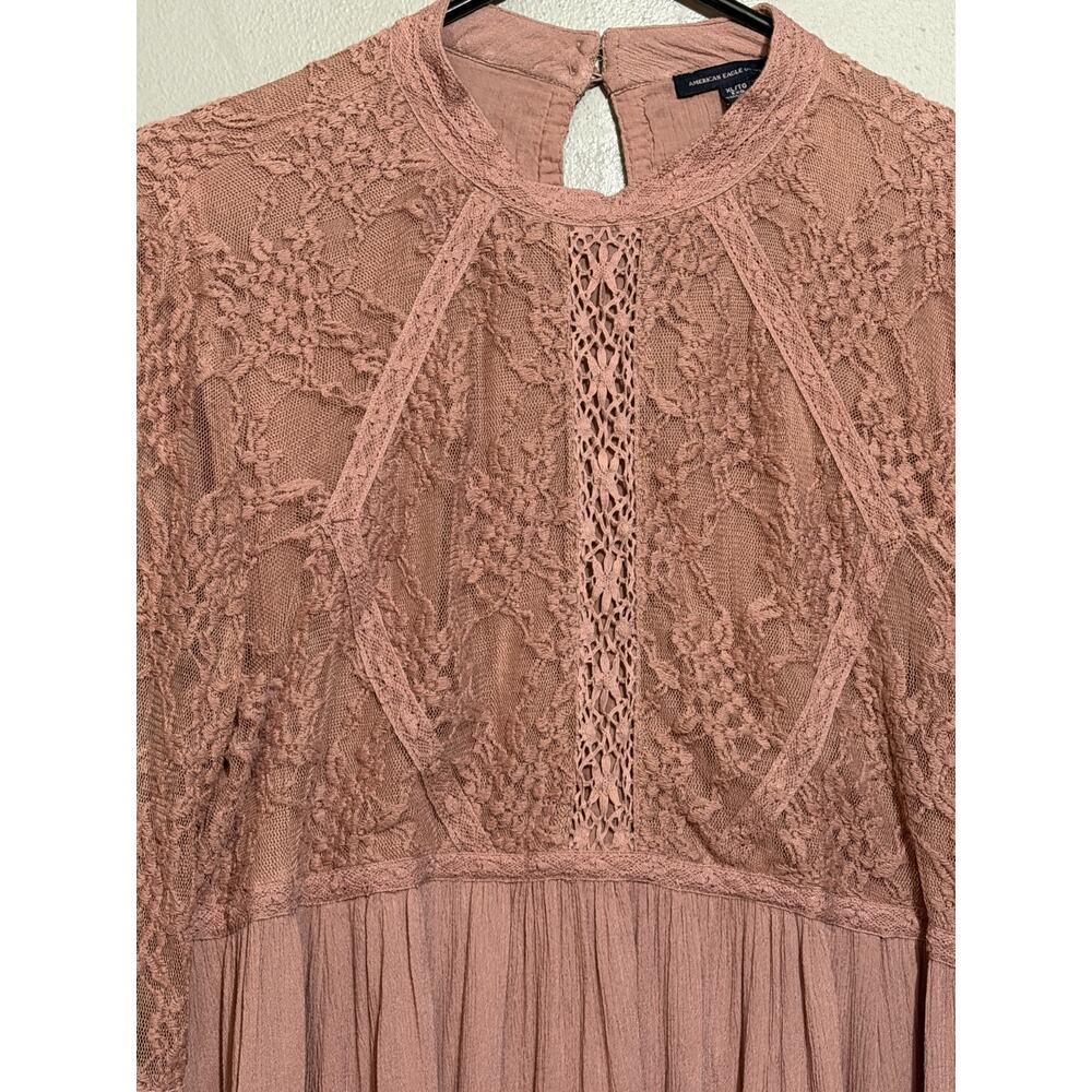 American Eagle XL Dusty Rose Lace Bell Sleeve Blouse Boho Peasant Crochet Top - Picture 2 of 10